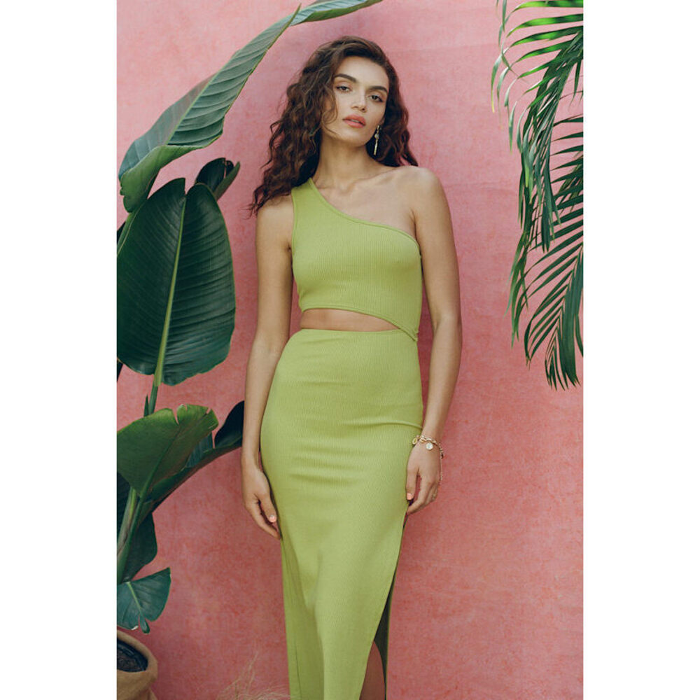 Lulus Spice Things Up Lime Green Ribbed One-shoulder Cutout Midi Dress - Size XS